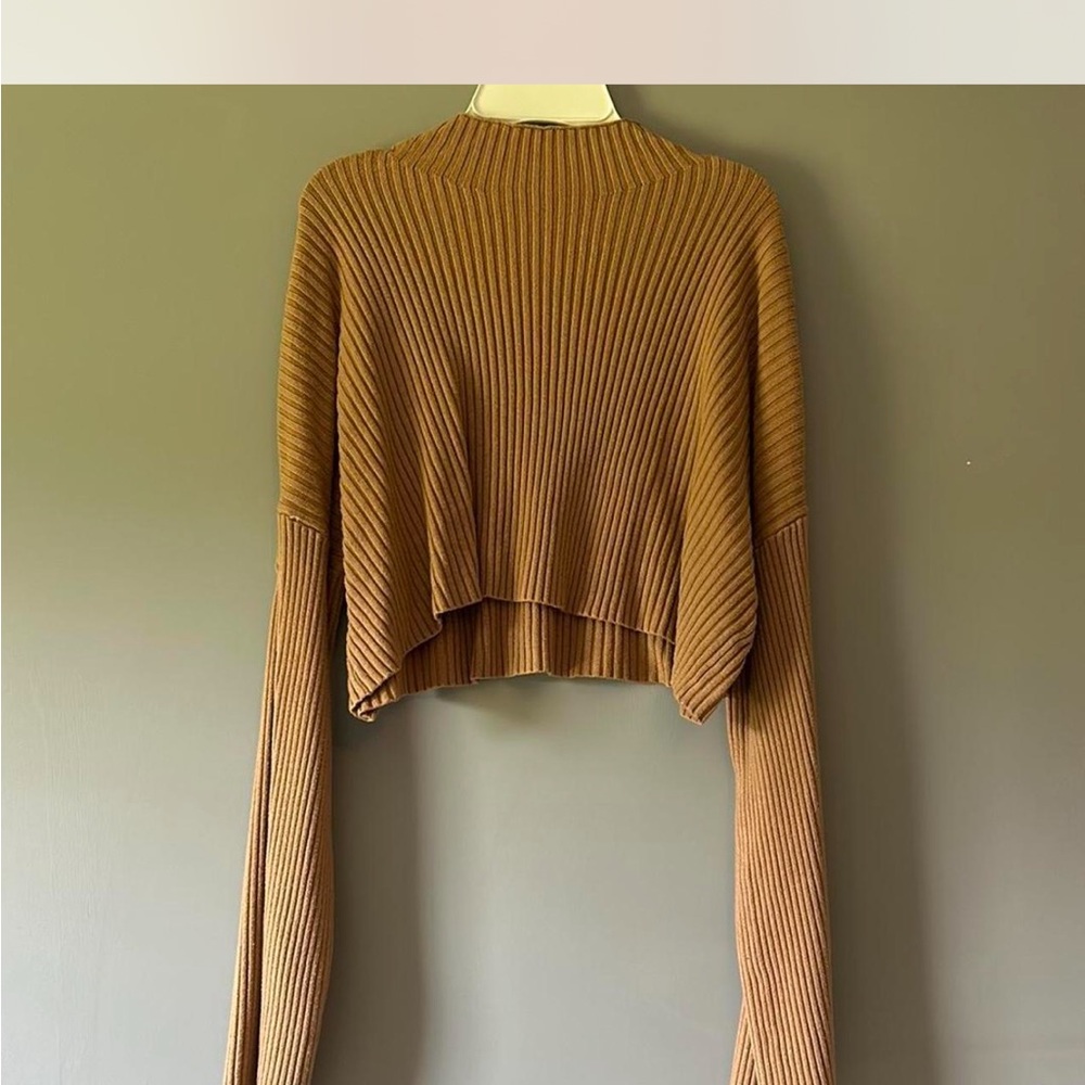 Brown Cowl Neck Cropped Sweater with Ribbed Texture